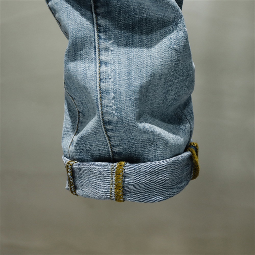 Triple Stitching Large Leather Label Soft Cotton Loose Scratch Trousers Holes Red Ears 201128