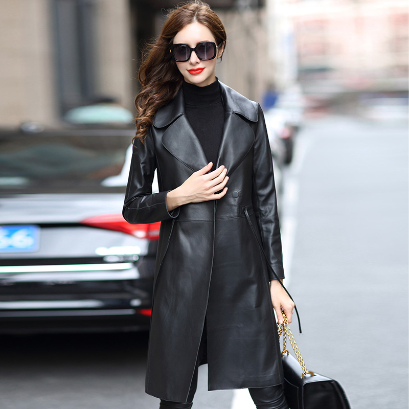 Lautaro Long black faux leather trench coat women long sleeve plus size leather jackets for women spring womens clothes 7xl 201020