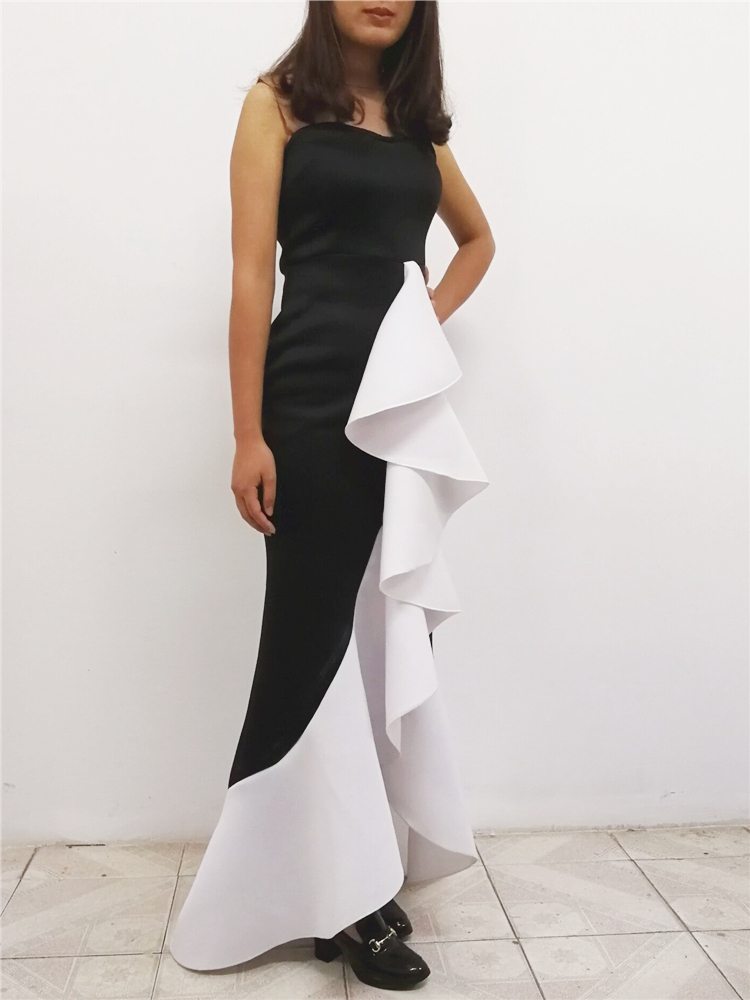 Women Long Party Dress Sexy Ruffle Patchwork Black White Contrast Color Tight Elegant Celebrate Dinner Evening Maxi Bodycon Robe T200113