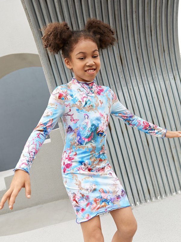 Girls 1pc Figure And Floral Print Lettuce Trim Dress SHE