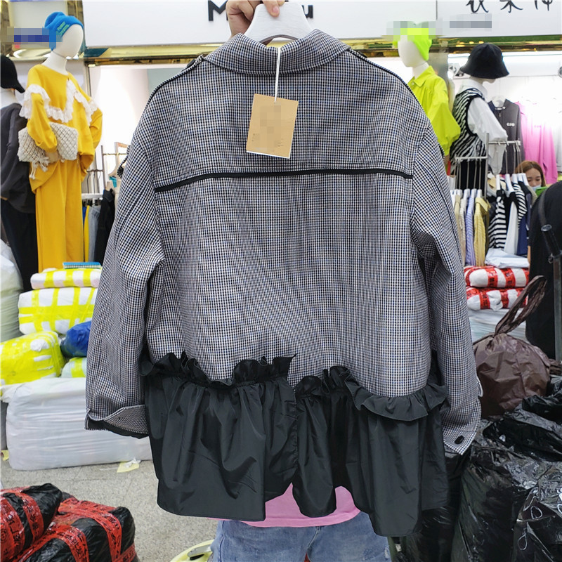 [EWQ] Autumn Long-sleeved Plaid Ruffle Stitching Bomber Jacket For Ladies Turn-down Collar Contrast Color Trend Overcoats 201026