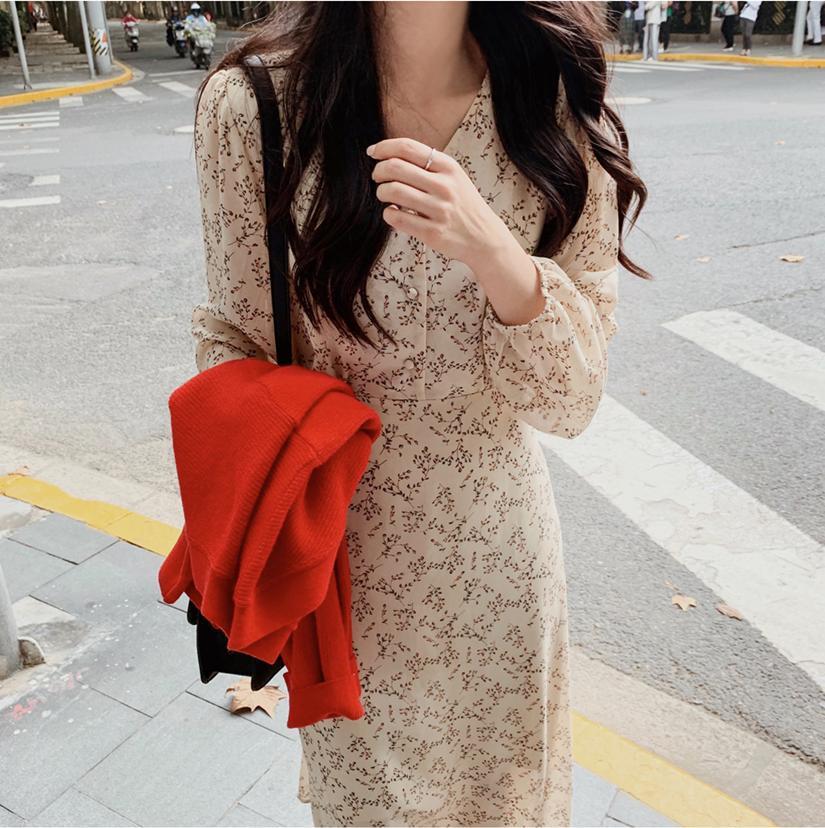 Vintage Vneck Buttons Laceup Female Chiffon Dress Full Sleeve Midi Dress Elegant Casual Floral Print Women Dress T200613
