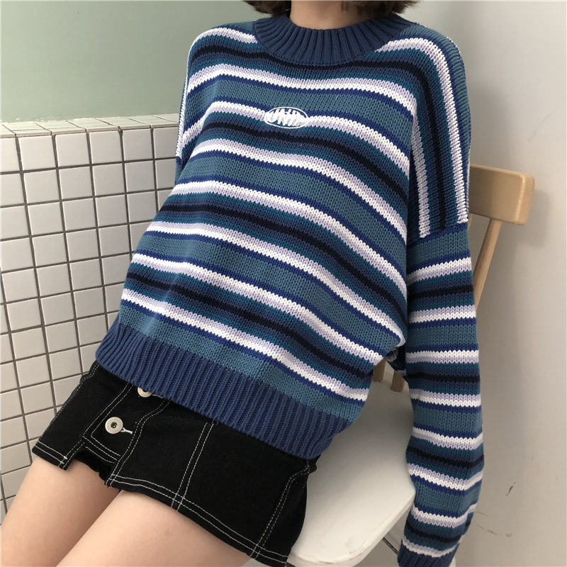 Women s Sweaters Clarissa Sweater Blue White Striped Oversized Jumper Embroidered Mock Neck Cropped Pullovers Harajuku 220906