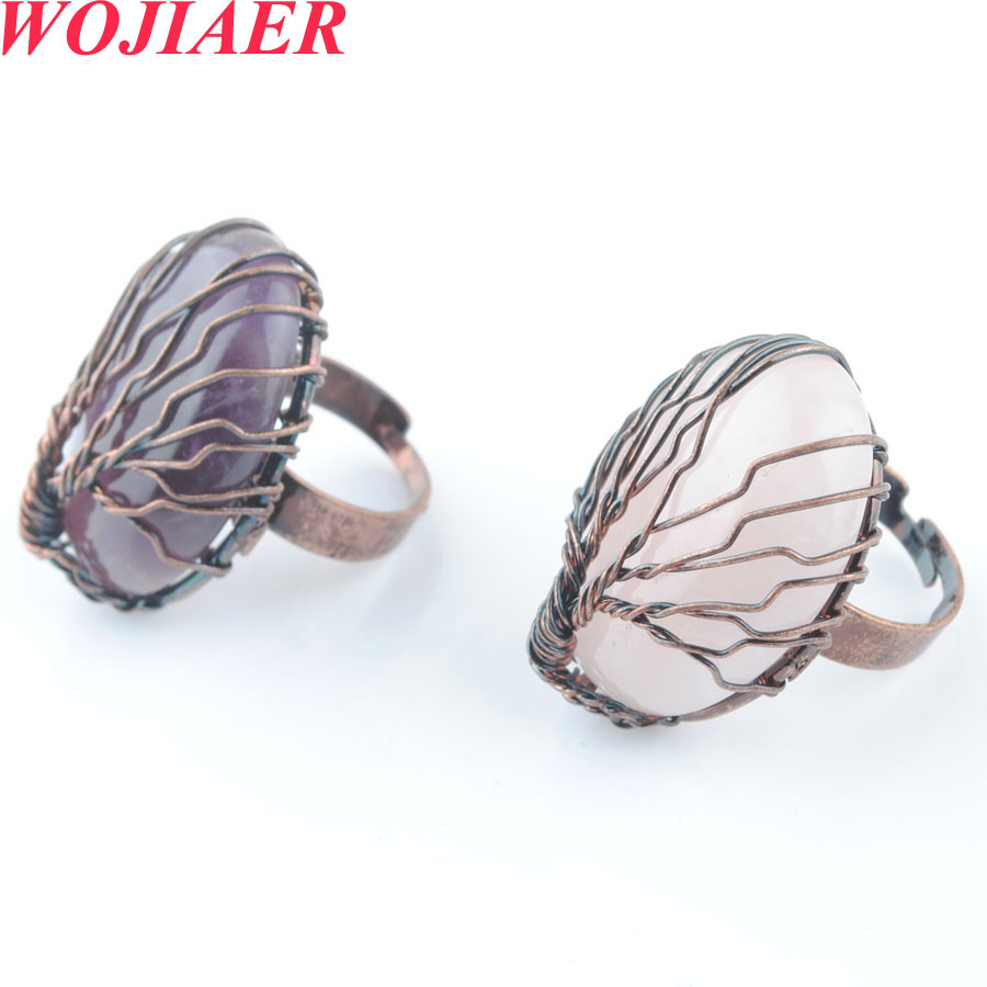 WOJIAER Antique Rings for Women Natural Stone Egg Shape Bead Vintage Wire Wrapped Tree of Life Adjustable Ring BO913