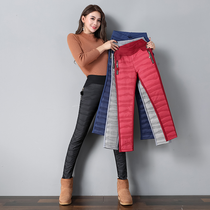 New Women's Elastic Waist Long Trousers Winter Down Lady Plus Size 4XL Outdoor Female Warm Thick Pencil Pants 201109