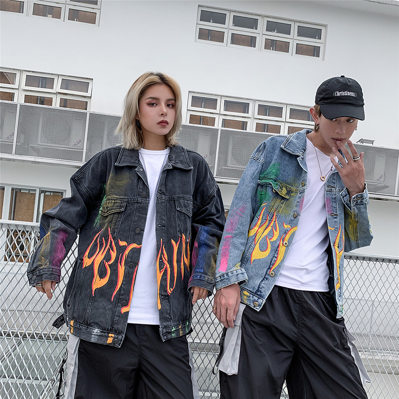 Men Denim Jacket Rainbow Graffiti Fire Flame Print Mens Cowboy Jacket Single Breasted Hip Hop Male Jackets and Coats Streetwear T200502