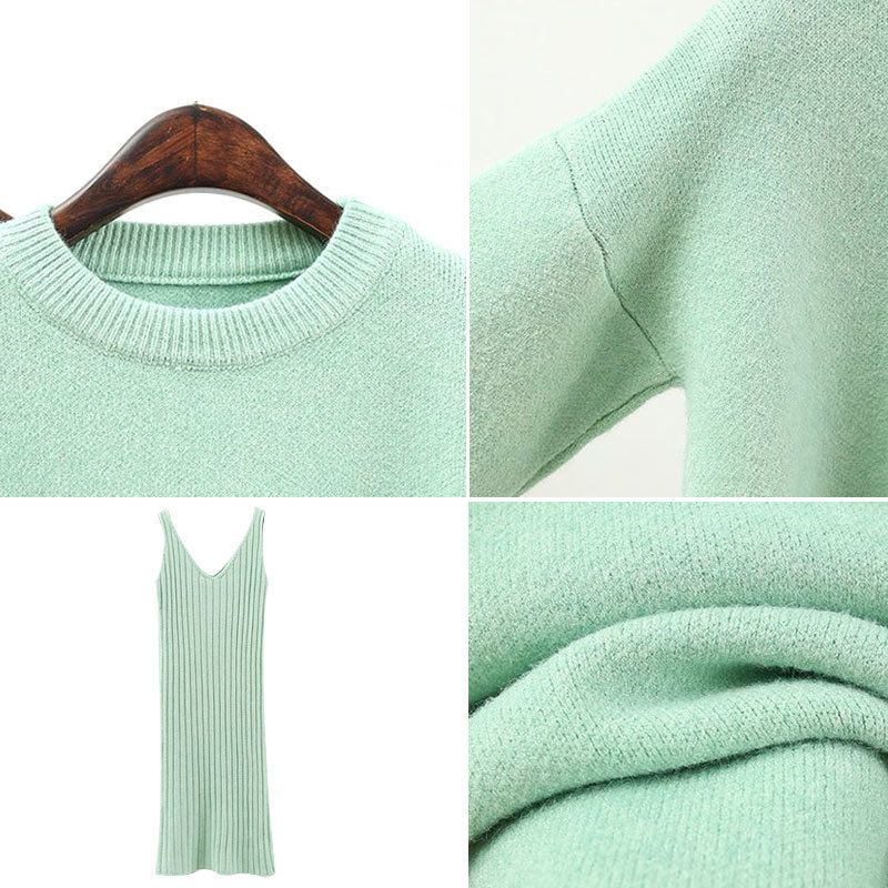 Autumn and Winter Fashion Ladies Sweater Lace Dress Suit Solid Color Female 2 Piece Suit Loose Sweater Knitted Net red 201110