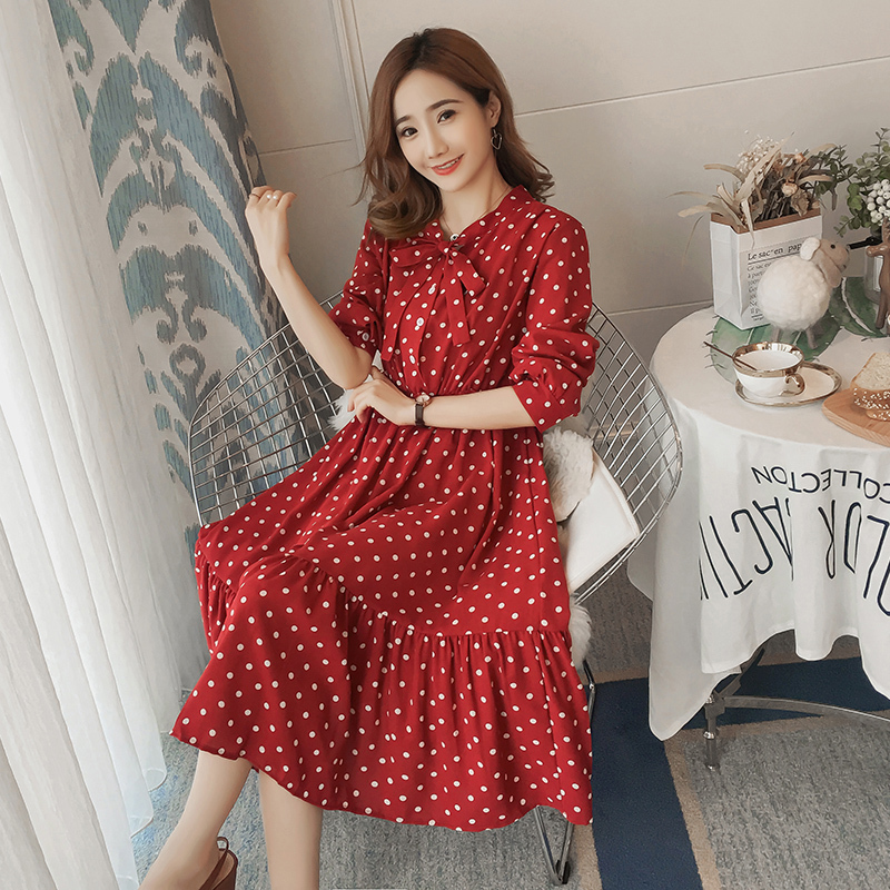 8950# Maternity Clothes Spring Autumn Chiffon Long Sleeves Loose Polka Dot A Line Dress for Pregnant Women Mom Dress LJ201123