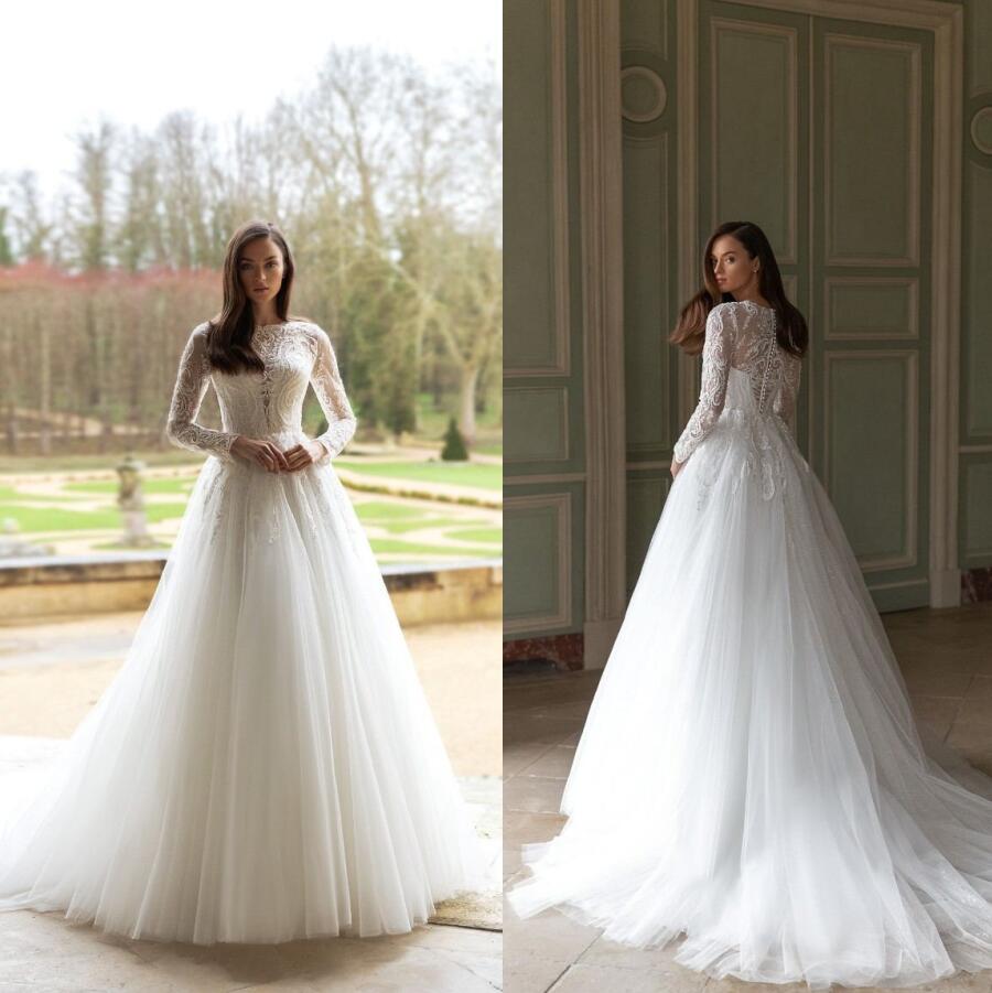 Elegant A Line Wedding Dresses Jewel Neck Long Sleeve Lace Gorgeous Bridal Gowns Illusion Back Marriage Dress Robe De Mariee