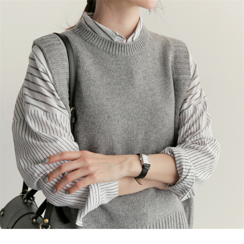 solid loose sweater spring autumn Women's vest knitted vest O neck joker knitted vest womens vests winter outerwear plus size 201211