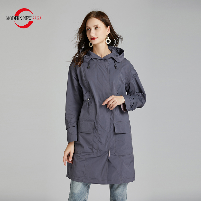 MODERN SAGA Women Trench Coat Spring Fashion Long Coat Hooded Woman Coats Autumn Windbreaker Trench Femme Russian Size 201030