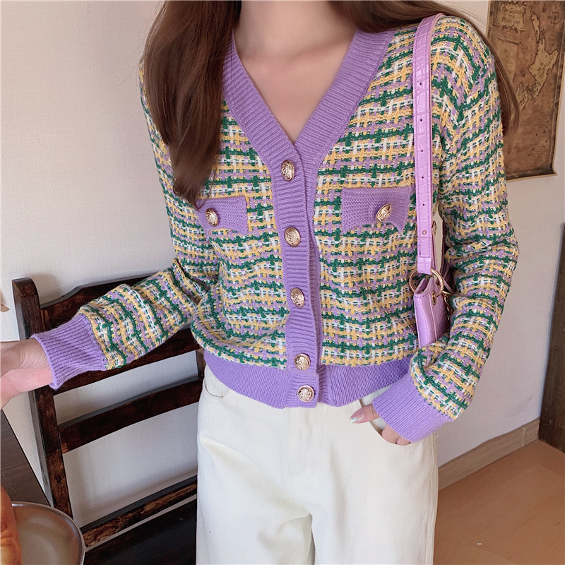 Autumn Winter Women's Cardigan French Retro Checkered Cardigans New Contrast Color Long-sleeved Short Knitted Coats LL734 201031