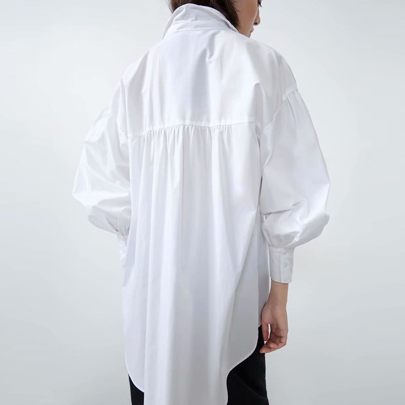 New Fashion Solid Color Women's Shirt Lapel Lantern Sleeve Seven-Sleeve Blouse Buttons Irregular Hem Long Casual Loose Shirt T200321