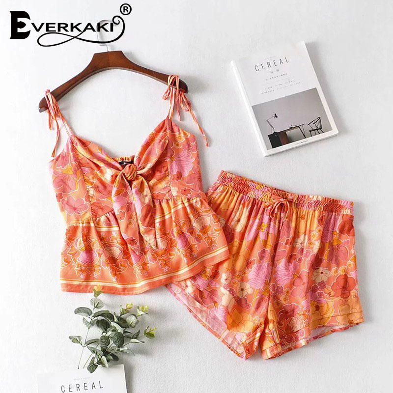 Everkaki Women 2 Pieces Suits Sets Boho Print Summer Bow Ruffles Camis and Elastic Waist Shorts Suits Female Spring New T200325