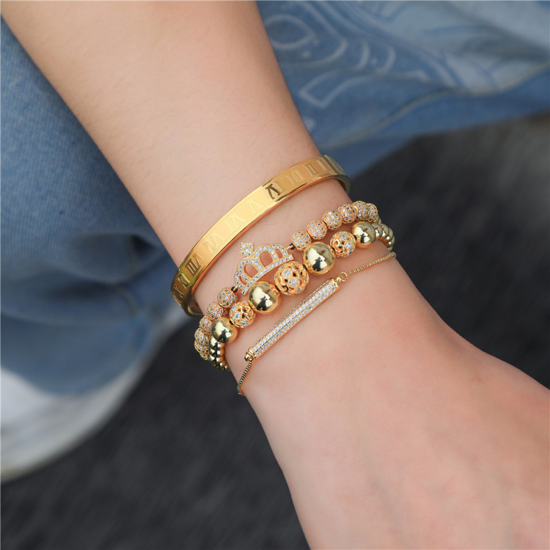 Classic Design Cool Diamond Ball CZ Crown Charm Bracelet Roman Numerals Bangles for Gift 4pcs/set