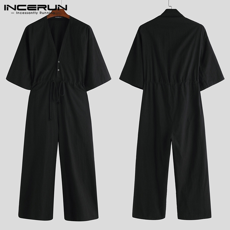 INCERUN Fashion Men Wide Leg Jumpsuit Solid Punk V Neck Half Sleeve Overalls Streetwear Mens Pants Baggy Casual Rompers 5XL 200930