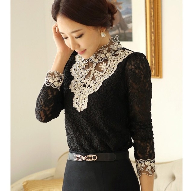 Wholesale-New Autumn Long Sleeve Beading Blouse Women Elegant Lace Hollow Blouse Plus Size Ladies Office Shirts Blusas Femininas