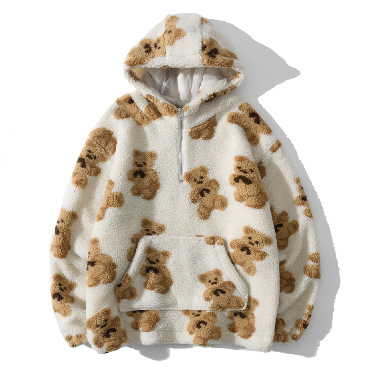 Hip Hop Autumn Winter Lambswool Jacket Men Streetwear Bear Print Zipper Cardigan Coats Harajuku Loose Hooded Couple Coat Outwear 201218
