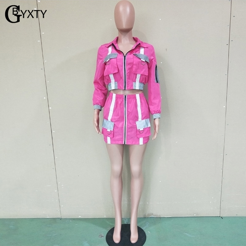 GBYXTY Neon Green Two Piece Skirt Set Fashion Reflective Set Women Autumn Long Sleeve Jacket and Skirt 2 Piece Set Outfits ZL390 T200325