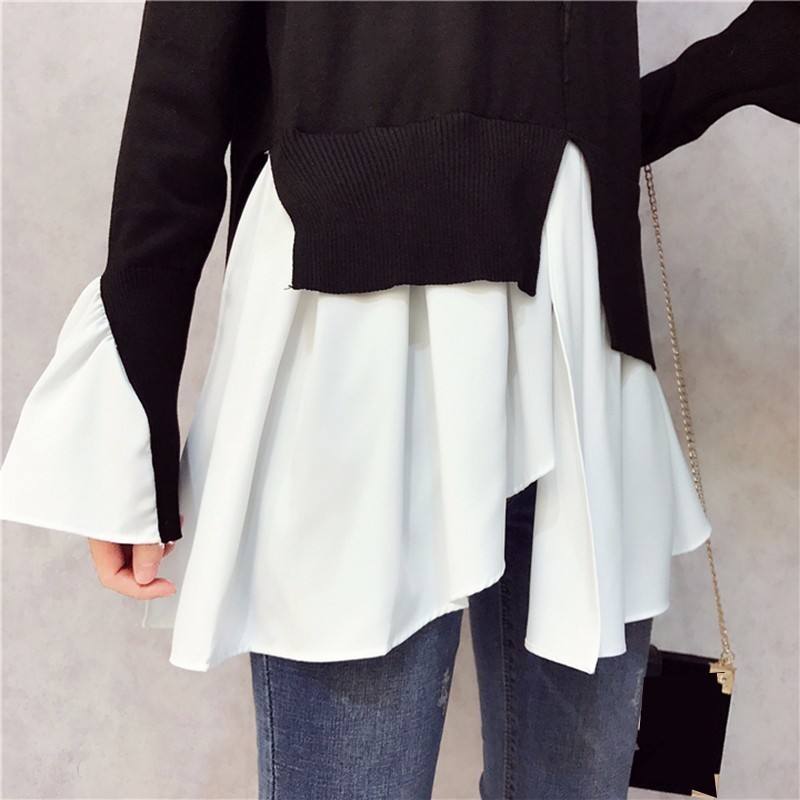 CHICEVER Spring Patchwork Pullovers Knitted Sweater For Women Turtleneck Flare Sleeve Irregular Female Jumper Sweaters Tide 201221