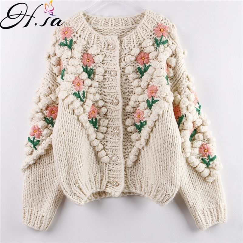 H.SA New Women Winter Handmade Sweater and Cardigans Floral Embroidery Hollow Out Chic Knit Jacket Pearl Beading Cardigans 210218