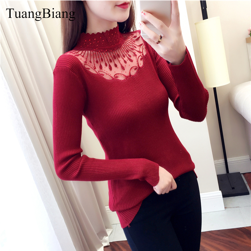Lace Turtleneck Pullovers Sexy Sweaters Hollow Out Winter Ladies White Sweaters Elasticity Bodycon Basic Long Sleeve Jumper 201224