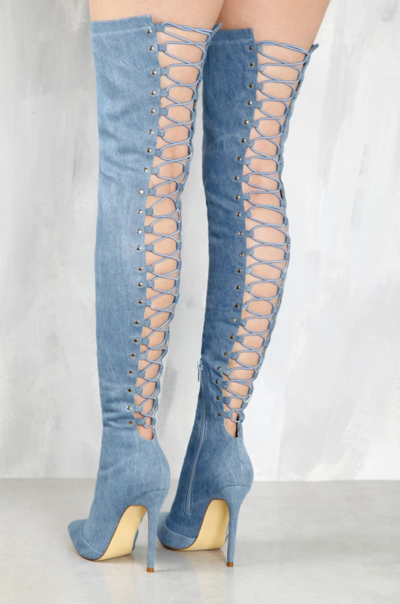 Woman Back Sexy Across the Blue Elastic Cross Section Denies Thigh Pointed Toe Zip Over Knee Jean Boots Fashionable Shoes 4h6m, As pic
Woman Back Sexy Across the Blue Elastic Cross Section Denies Thigh Pointed Toe Zip Over Knee Jean Boots Fashionable Shoes 4h6m, As pic