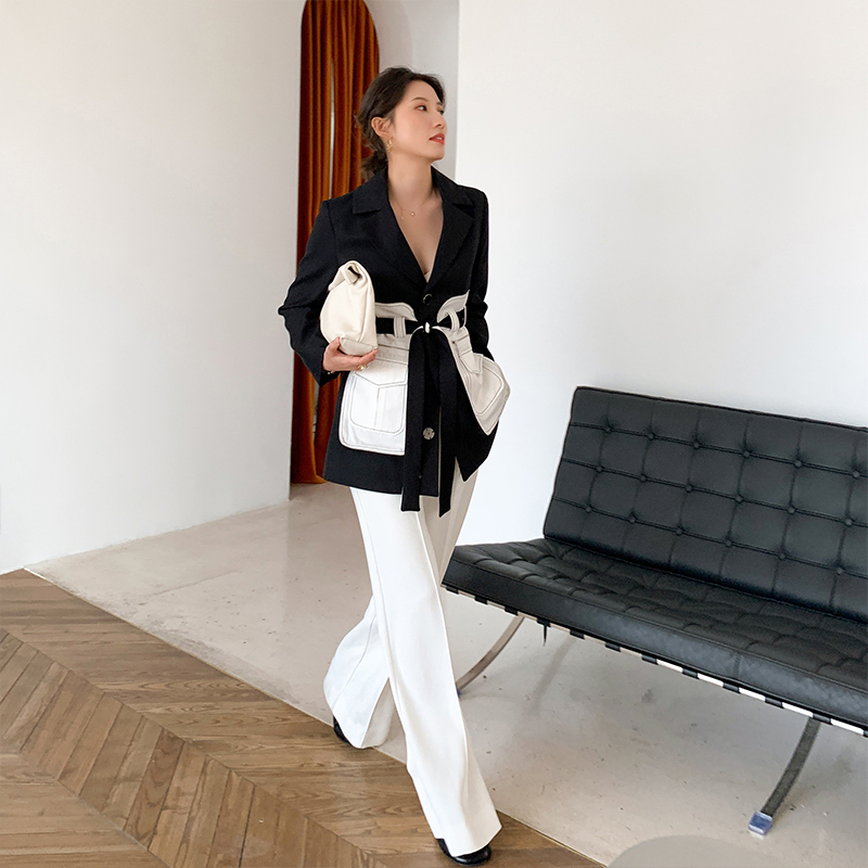EAM Women Black Pocket Split Joint Blazer Lapel Long Sleeve Loose Fit Jacket Fashion Spring Autumn 1X582 201114