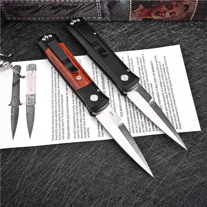 Top Quality AUTO Tactical Folding Knife 154CM Satin Blade 6061-T6 / Rosewood Handle EDC Pocket Knives With Retail Box
Top Quality AUTO Tactical Folding Knife 154CM Satin Blade 6061-T6 / Rosewood Handle EDC Pocket Knives With Retail Box