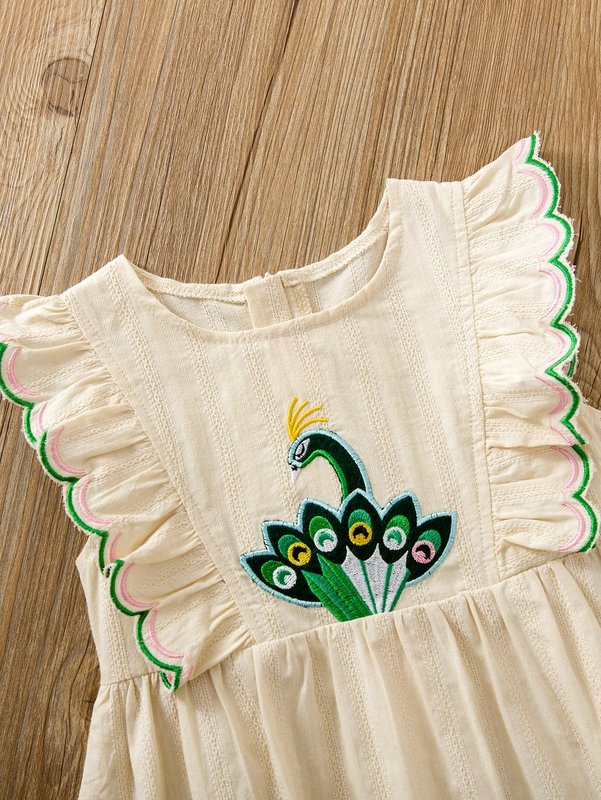 Toddler Girls Peacock Embroidery Scallop Trim Dress SHE R250424