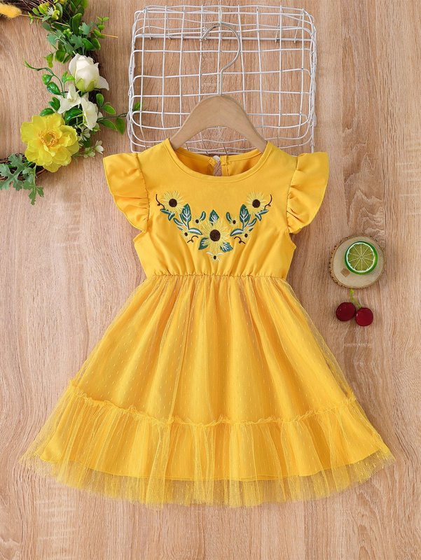 Toddler Girls Floral Embroidery Butterfly Sleeve Mesh Hem Dress SHE