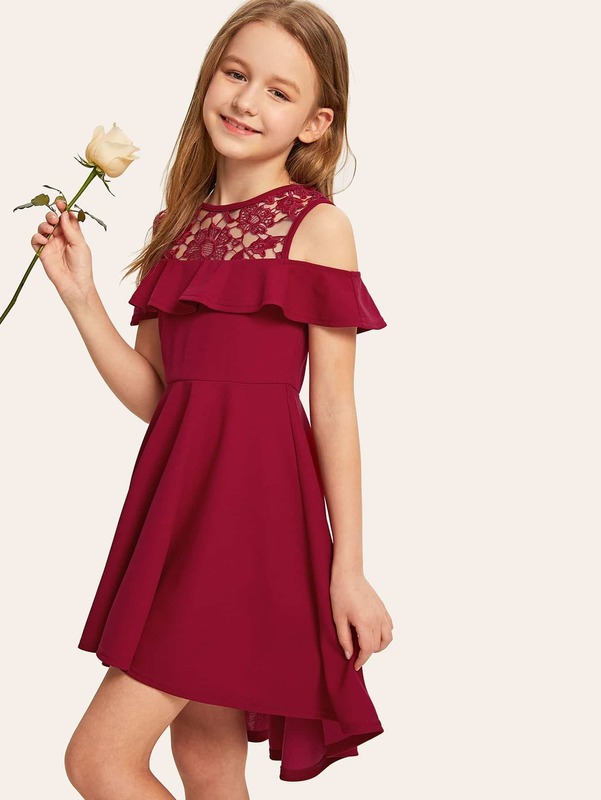 Girls Guipure Lace Cold Shoulder Ruffle Trim Dress SHE