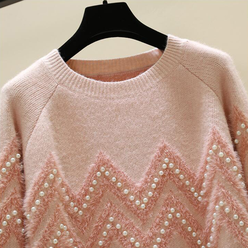 SURMIITRO Pearl Beading Knitted Sweater Women Autumn Winter Korean Long Sleeve Jumper Pullover Female Pink Loose Knitwear 201225
