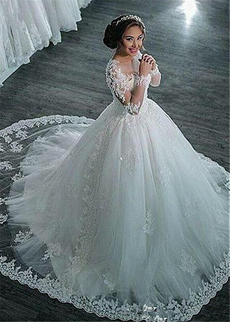 Gorgeous Lace Ball Gown Dresses Formal Bridal Dress Appliques Illusion Long Sleeves Beads Tulle Wedding Gowns Back Buttons Sheer