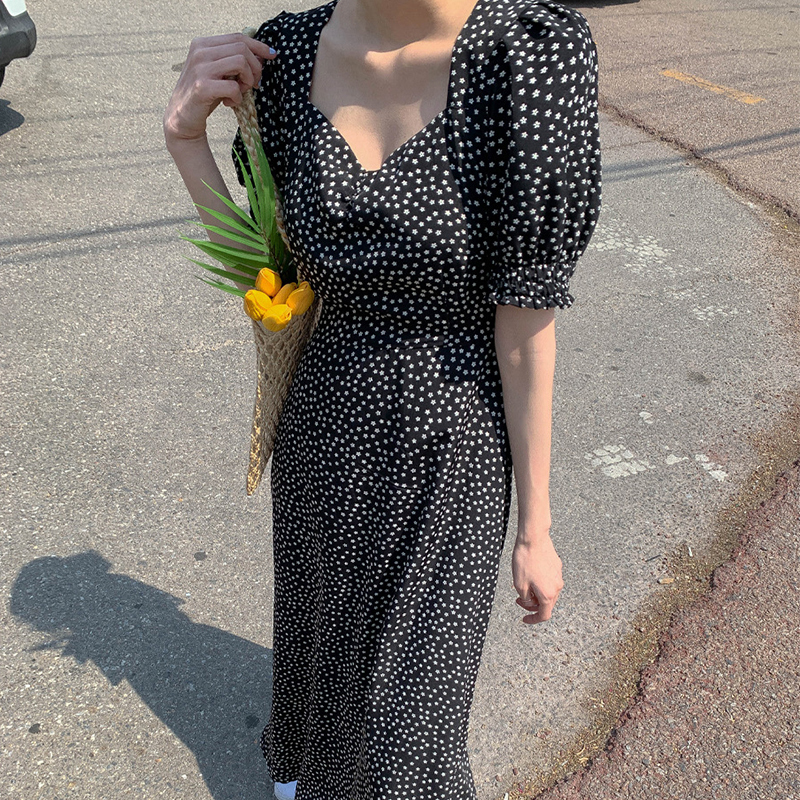 South Korea Clothes Chic Dresses Hot Sales Women Flhjlwoc Temperament Office Lady Floral Print Vintage Black Long Maxi Dress 509 T200604