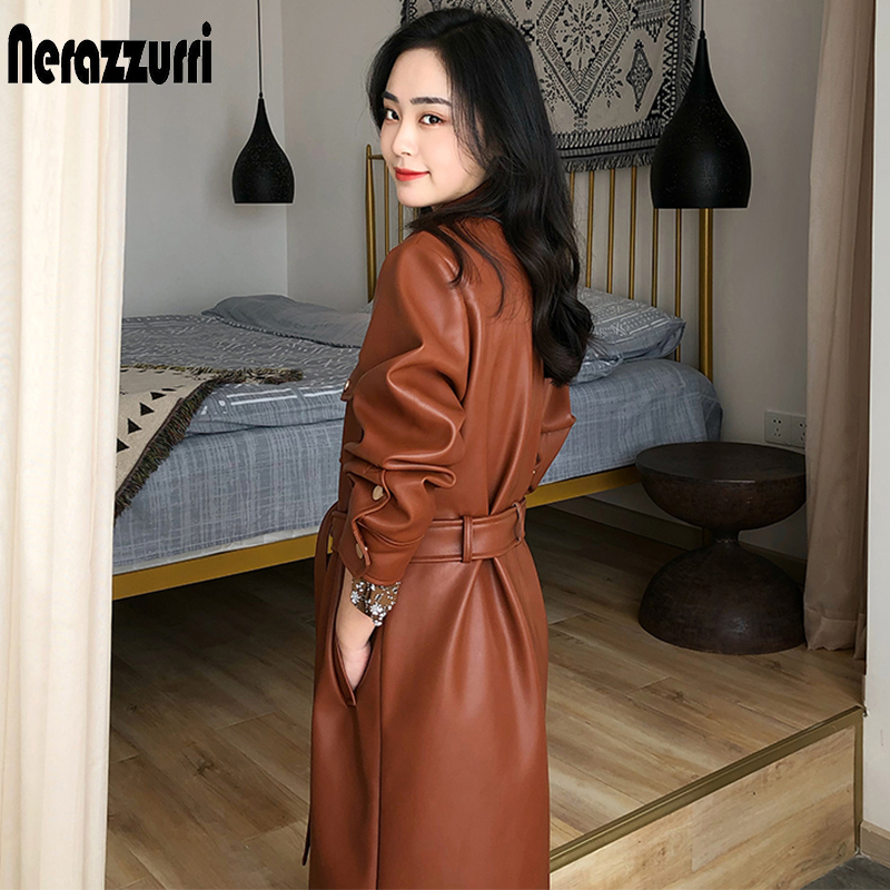 Nerazzurri Autumn brown leather coat women long sleeve belt buttons Plus size long leather shirt women 7xl Leather trench coat 201020