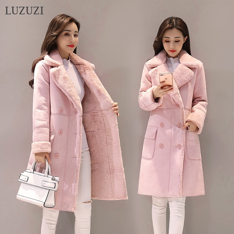 LUZUZI Suede Fur Women's Winter Jacket Fashion Thick Faux Sheepskin Long Coat Female Autumn Overcoat Solid Warm Trench Coats