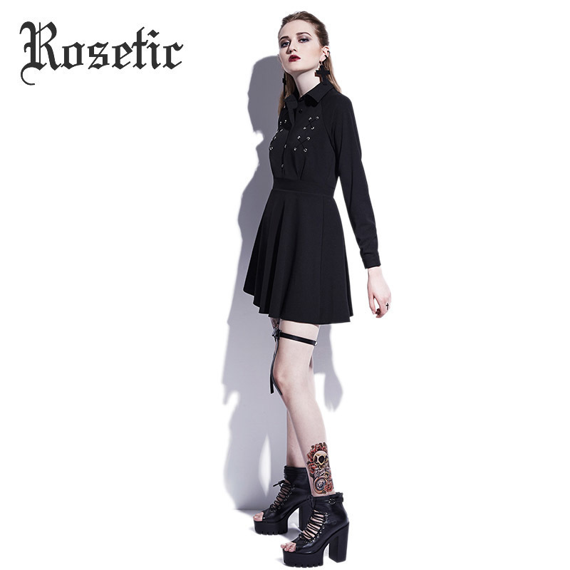 Rosetic Gothic Mini Dress Black Lace-Up Women Autumn Casual Dress A-Line Button Lapel Fashion High Street Preppy Sexy Goth Dress T200320