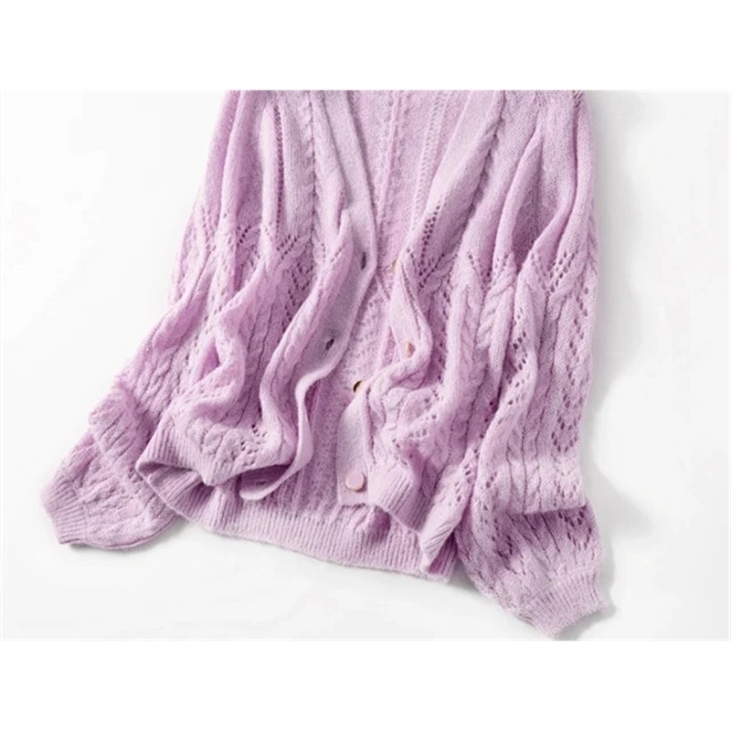 Four Kind Color Women Mohair Knit Sweater V-neck Hollow out Long Puff Sleeve Loose Cardigan Single Breasted Knitwear Coat New 201111wtt