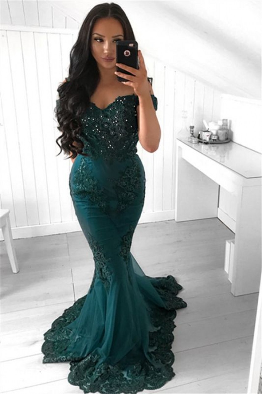 Gorgeous Dark Green Lace Mermaid Evening Dresses Elegant Off Shoulder Appliques Beads Long Evening Prom Occasion Gowns Formal Vestidos