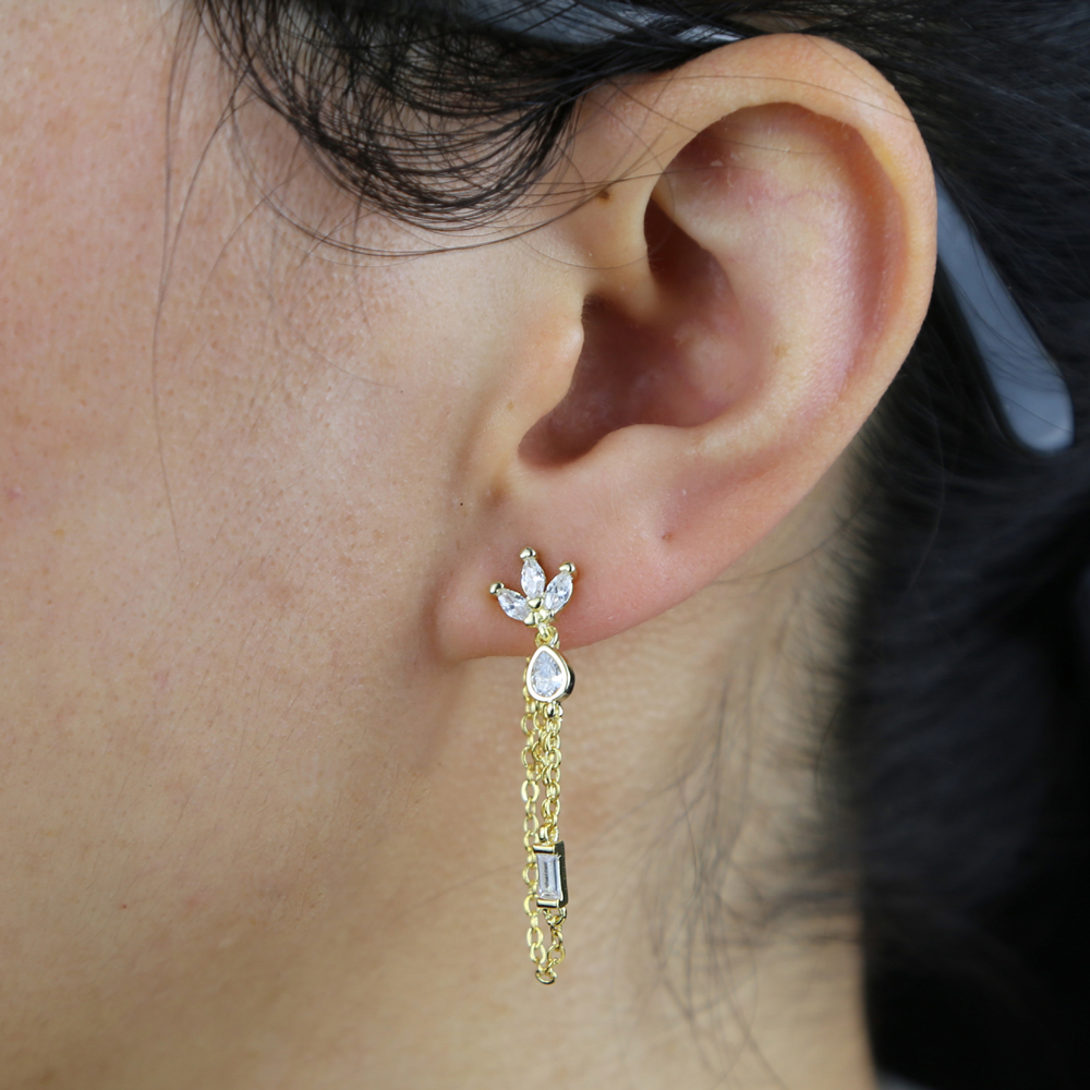 2024 Fashion Tassel Chain Tear Drop CZ Romantic Women Earring Triple Row Cross Chain Multi Piercing Women Earrings High quality