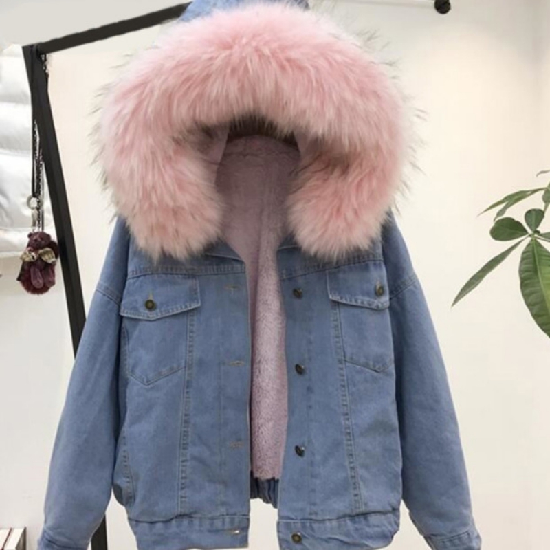 Women's Denim Jacket With Fur Winter Jeans Hooded Velvet Coat Female Faux Fur Collar Padded Warm Jackets Women Drop 201112
