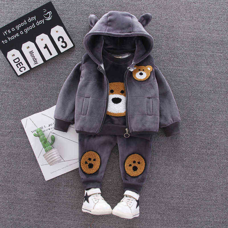 Baby clothes autumn and winter gold velvet thick warm suit cartoon bear hooded sweater boy girl fleece children 3-piece set 220118