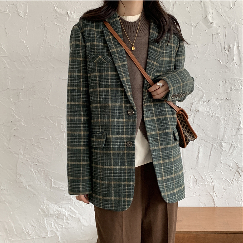 Women Winter Green Plaid Woolen Jacket Coat Femme Retro Notched Collar Single-Breasted Pockets Loose Thickening Blazer 201215