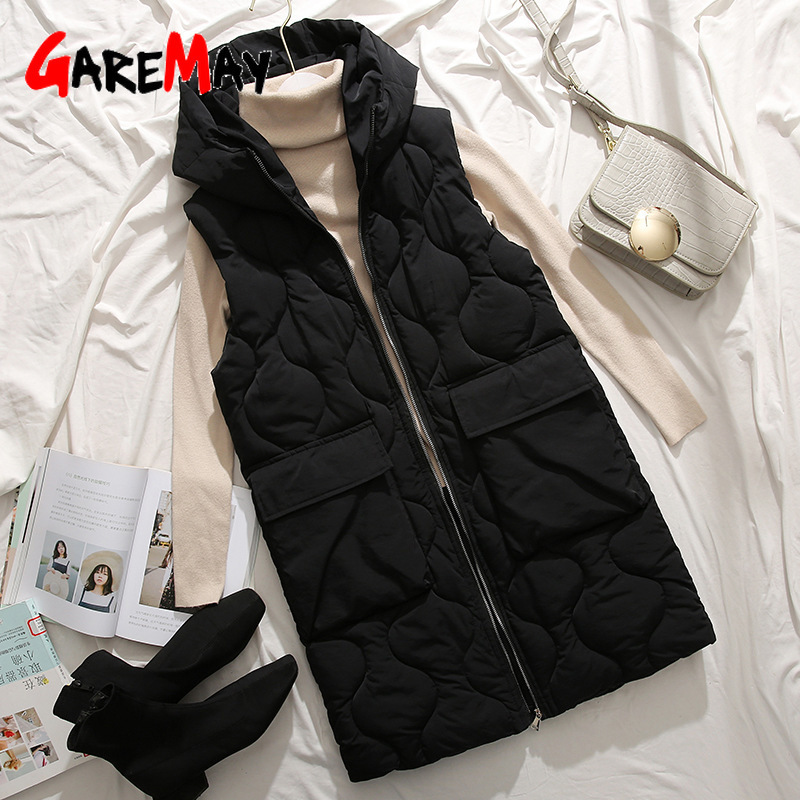 Autumn and winter new long paragraph over the knee hooded cotton vest female Slim sleeveless down womens vests winter outerwear 201211