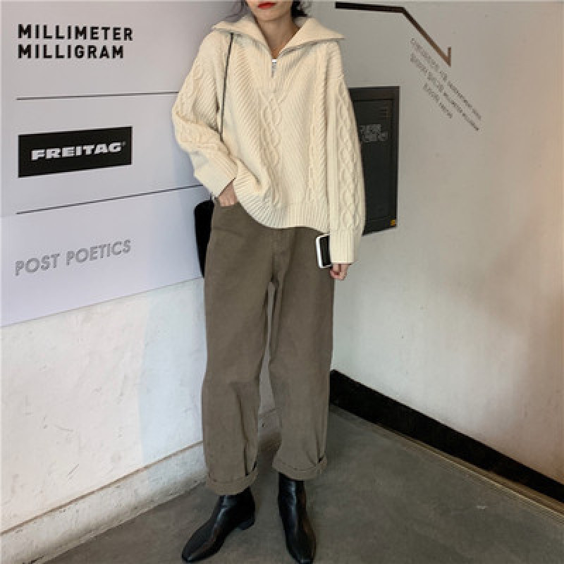 YAMDI chic Stand Collar Zipper Up Women Sweaters new Autumn Winter Loose Twist Striped Long Sleeve Female Knitted Pullovers 201030wtt