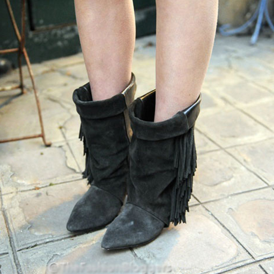 Real leather black grey pointed toe ankle for women 8 cm high heel fringe tassel short boots ladies bota feminina Y200115