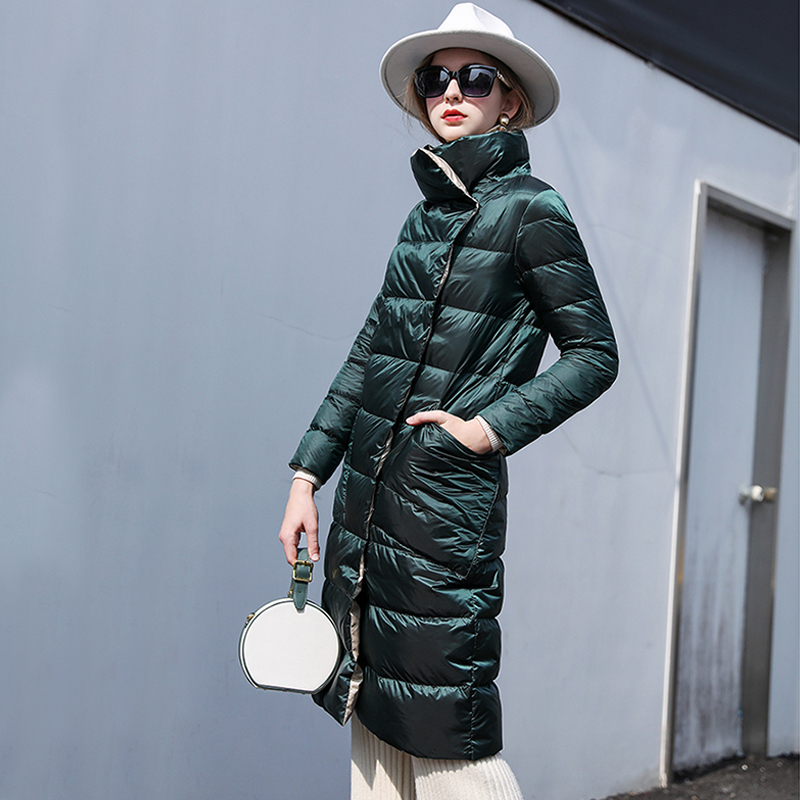 FTLZZ Women Double Sided Down Long Jacket Double Breasted Snow Outwear Warm Parka Stand Collar Lapel 90% White Duck Down Coat 201214
