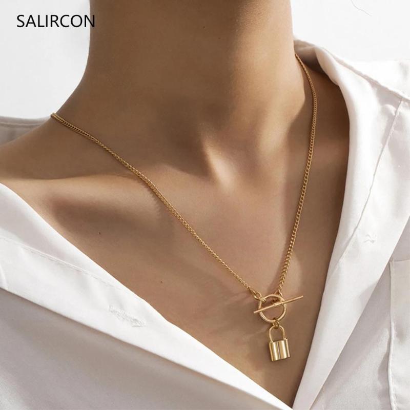 

Salircon Punk Lock Pendant Choker Necklace Simple Gold Color Lasso Long Padlock Necklace for Women Men Couple Jewelry Collares