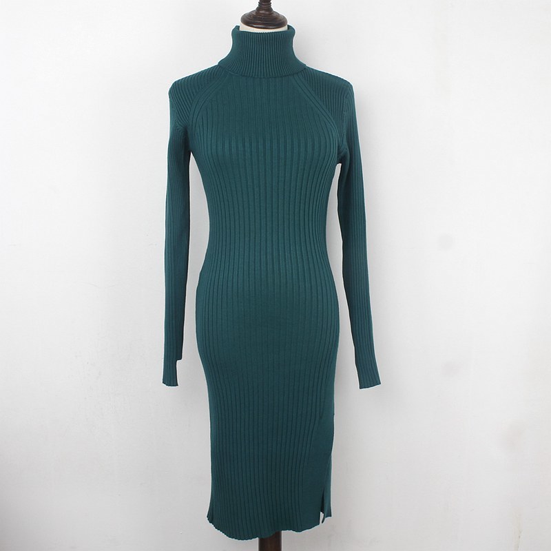 GIGOGOU Autumn Winter Women Turtleneck Sweater Dress Thick Warm Mid-Calf Long Sleeves Female Dresses Slim Rib Knitted dresses T200107
